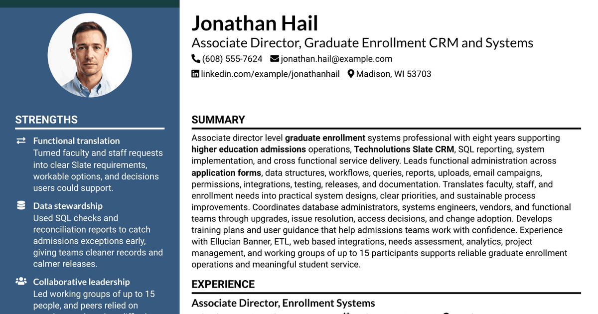 7 Associate Director of Graduate Enrollment CRM and Systems Resume Templates with Example