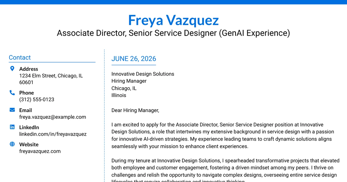 30+ Associate Director, Senior Service Designer (GenAI Experience) Cover Letter Templates with Example 2026