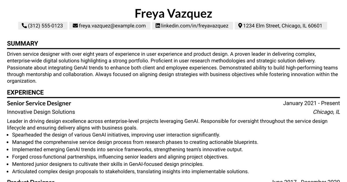33 Associate Director, Senior Service Designer (GenAI Experience) Resume Templates with Example 2026 (ATS-Optimized)