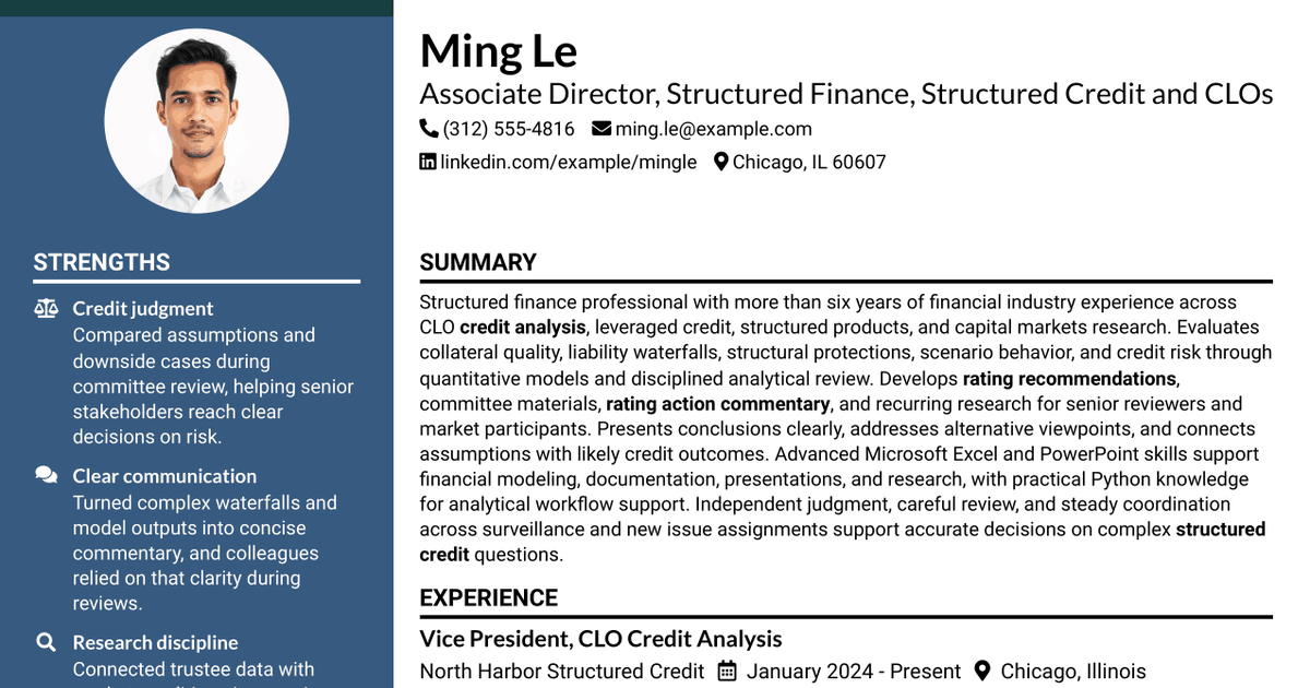 7 Associate Director - Structured Finance, Structured Credit & CLOs Resume Templates with Example