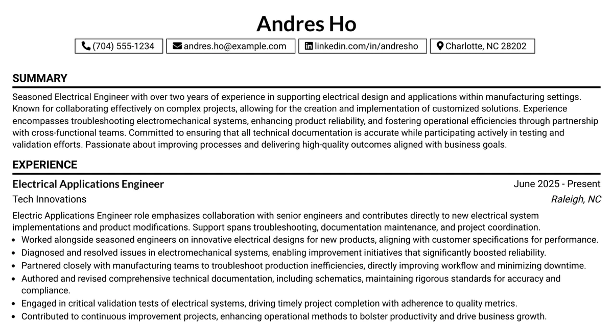 33 Associate Electrical Applications Engineer Resume Templates with Example 2026 (ATS-Optimized)