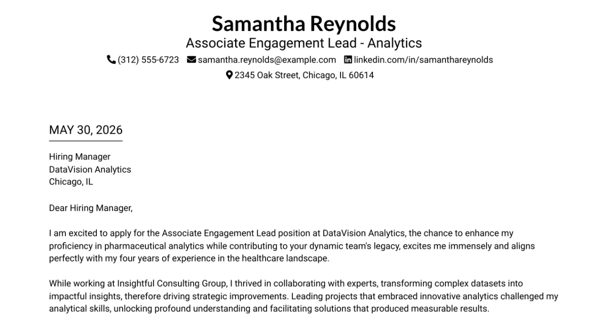 30+ Associate Engagement Lead - Analytics Cover Letter Templates with Example 2026