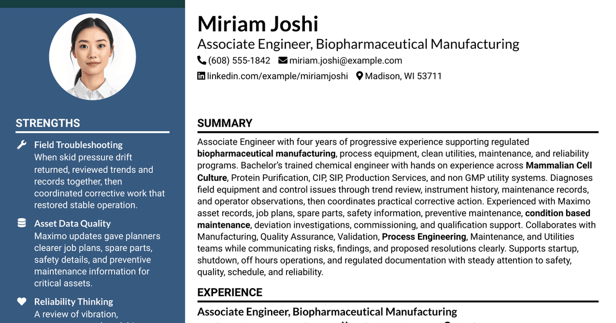 7 Associate Engineer - Biopharmaceutical Manufacturing Resume Templates with Example
