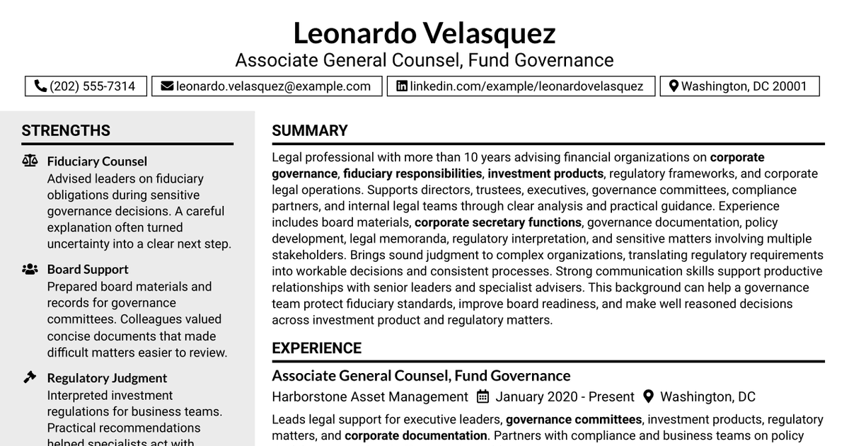 7 Associate General Counsel, Fund Governance Resume Templates with Example