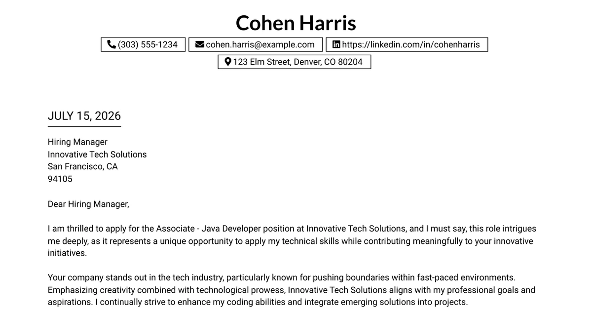 30+ Associate - Java Developer Cover Letter Templates with Example 2026