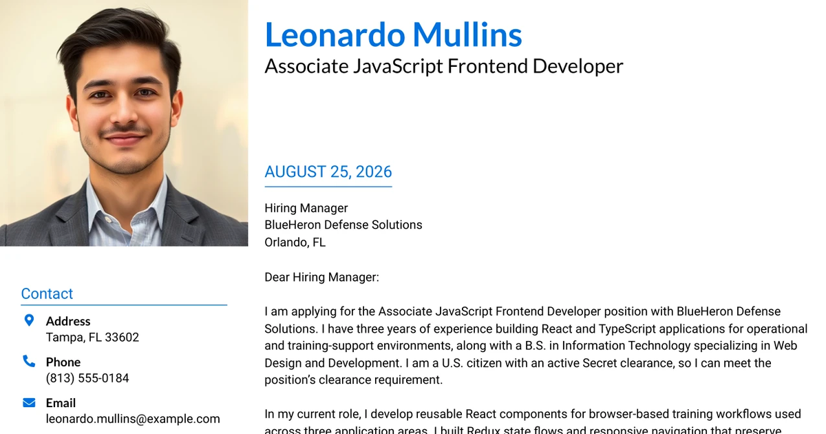 30+ Associate JavaScript Frontend Developer Cover Letter Templates with Example 2026