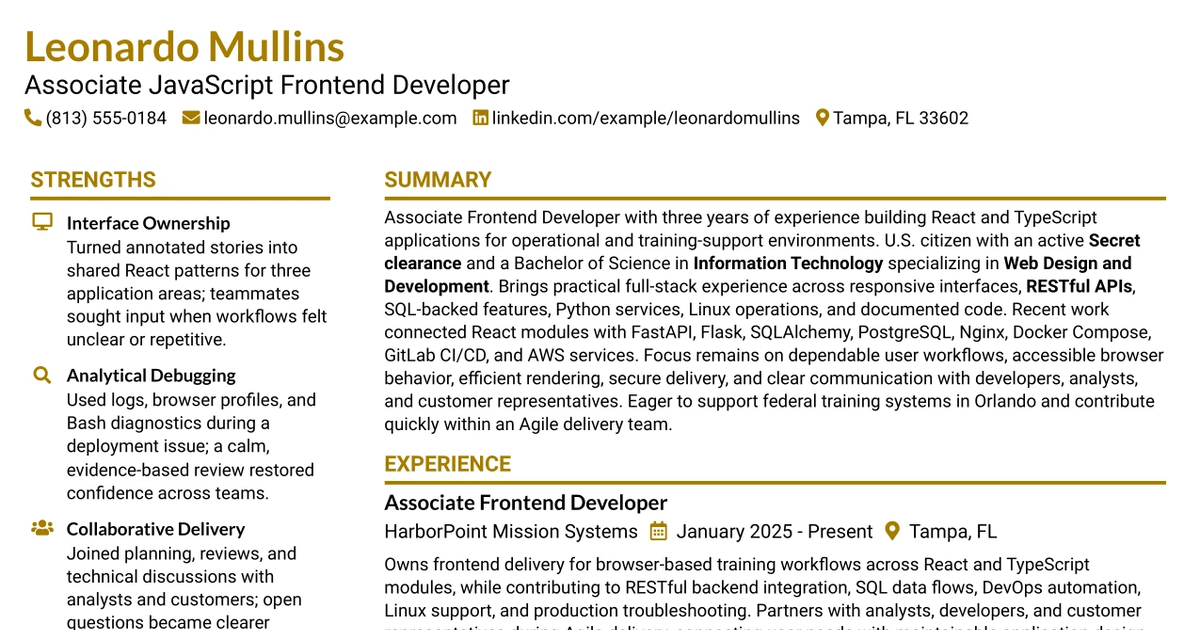 33 Associate JavaScript Frontend Developer Resume Templates with Example 2026 (ATS-Optimized)