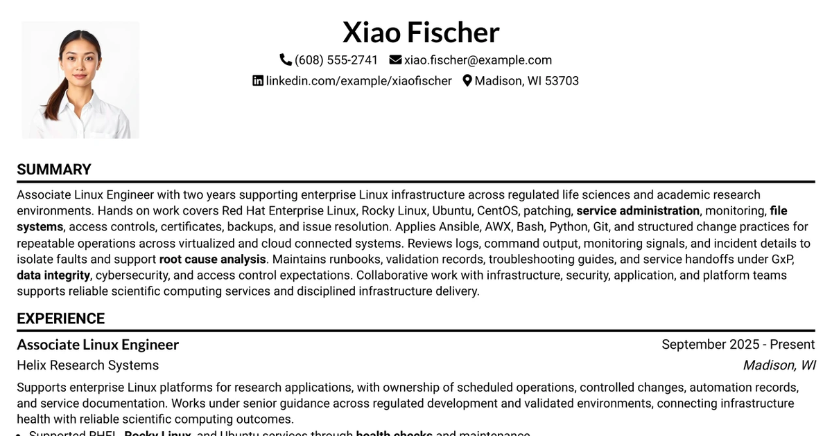 33 Associate Linux Engineer - Pharmaceutical R&D Infrastructure Resume Templates with Example 2026 (ATS-Optimized)