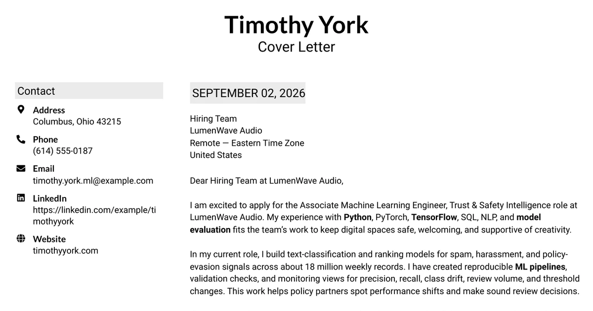 30+ Associate Machine Learning Engineer, Trust & Safety Intelligence Cover Letter Templates with Example 2026