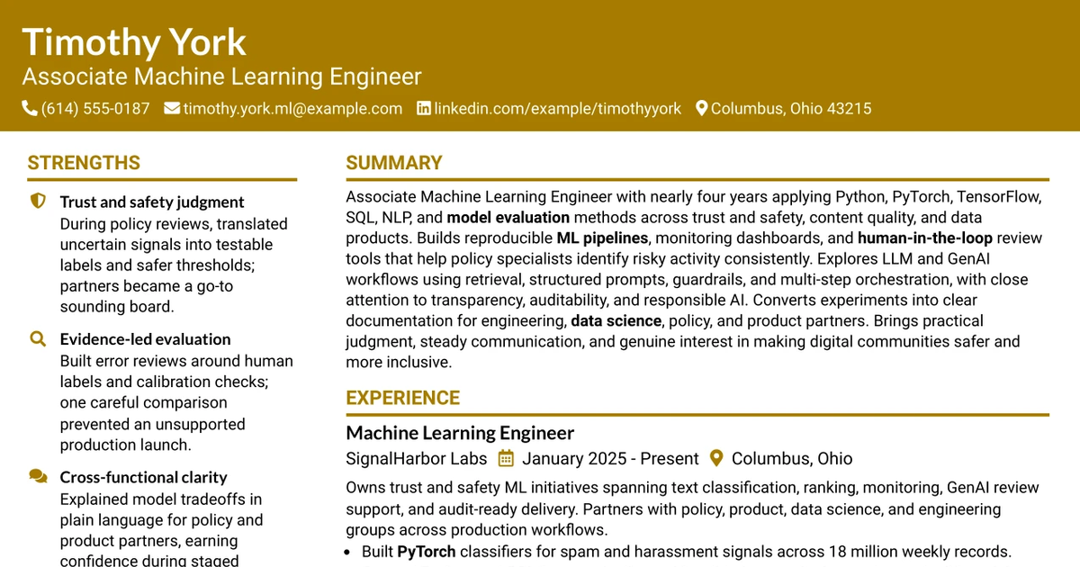 33 Associate Machine Learning Engineer, Trust & Safety Intelligence Resume Templates with Example 2026 (ATS-Optimized)