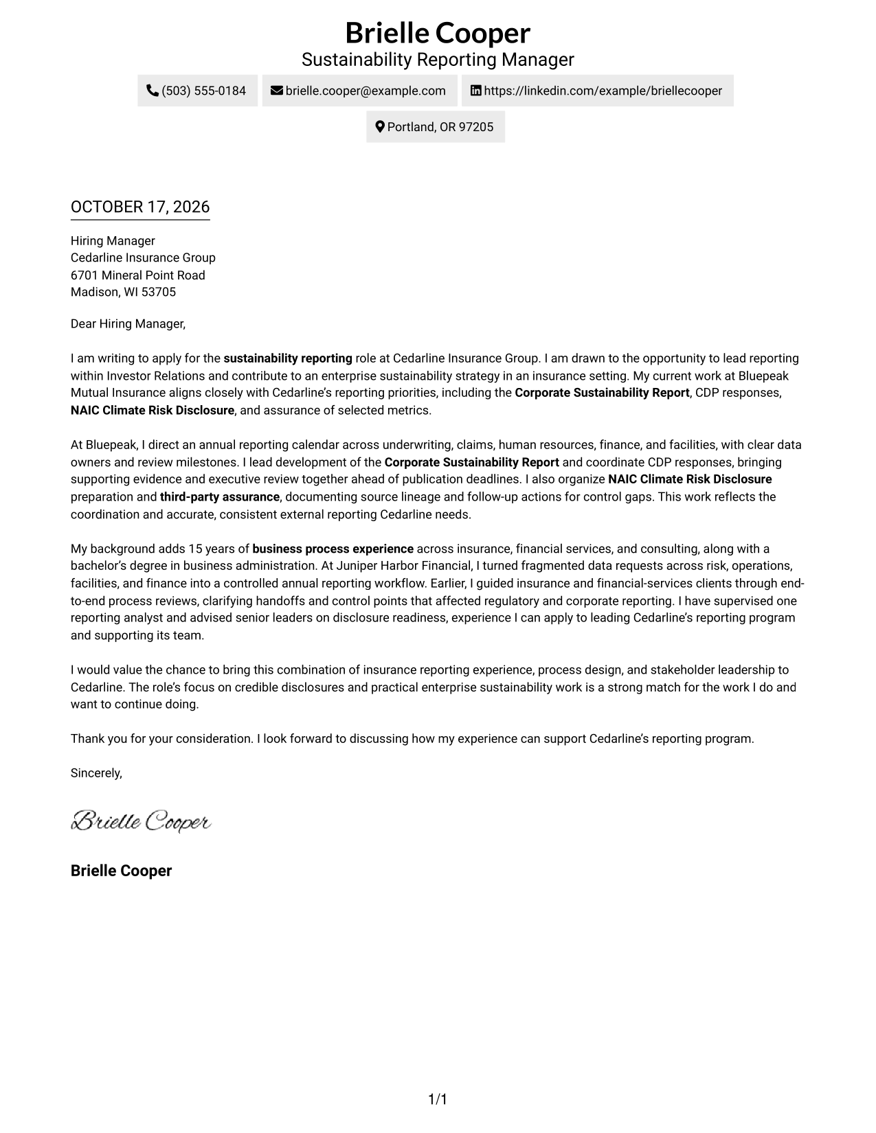 Cover letter example — page 1