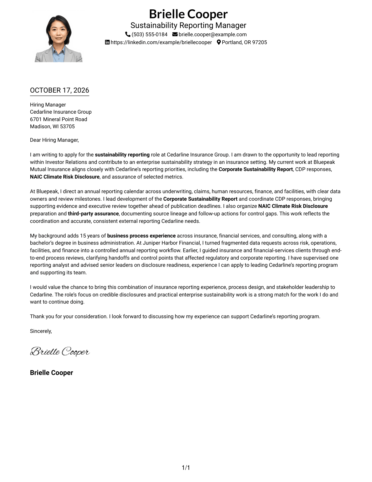 Cover letter example — page 1