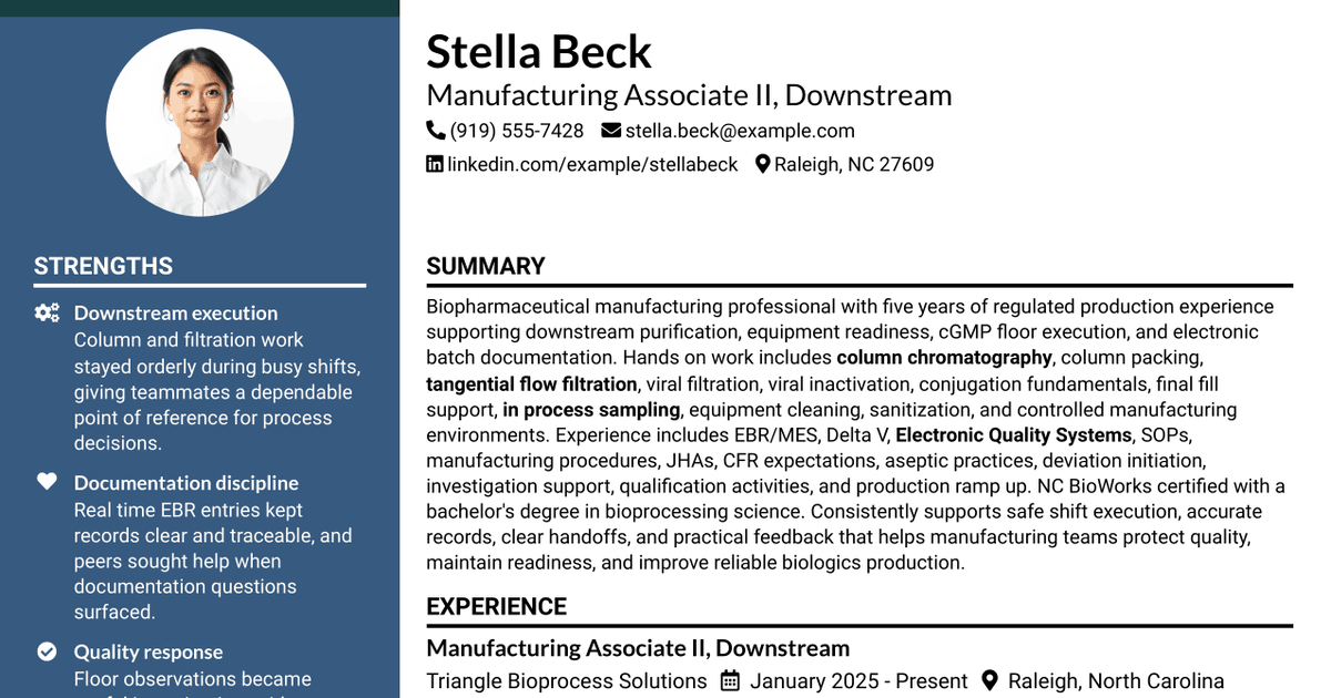 7 Associate Manufacturing - Bulk Drug Substance Downstream Resume Templates with Example