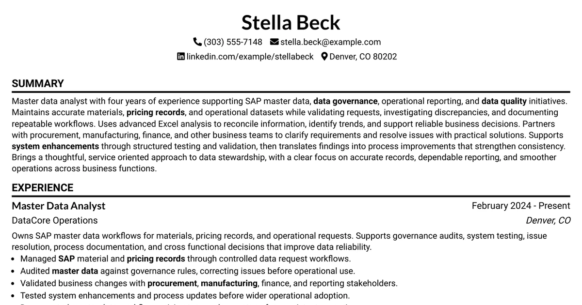 33 Associate Master Data Analyst - Data Governance Resume Templates with Example