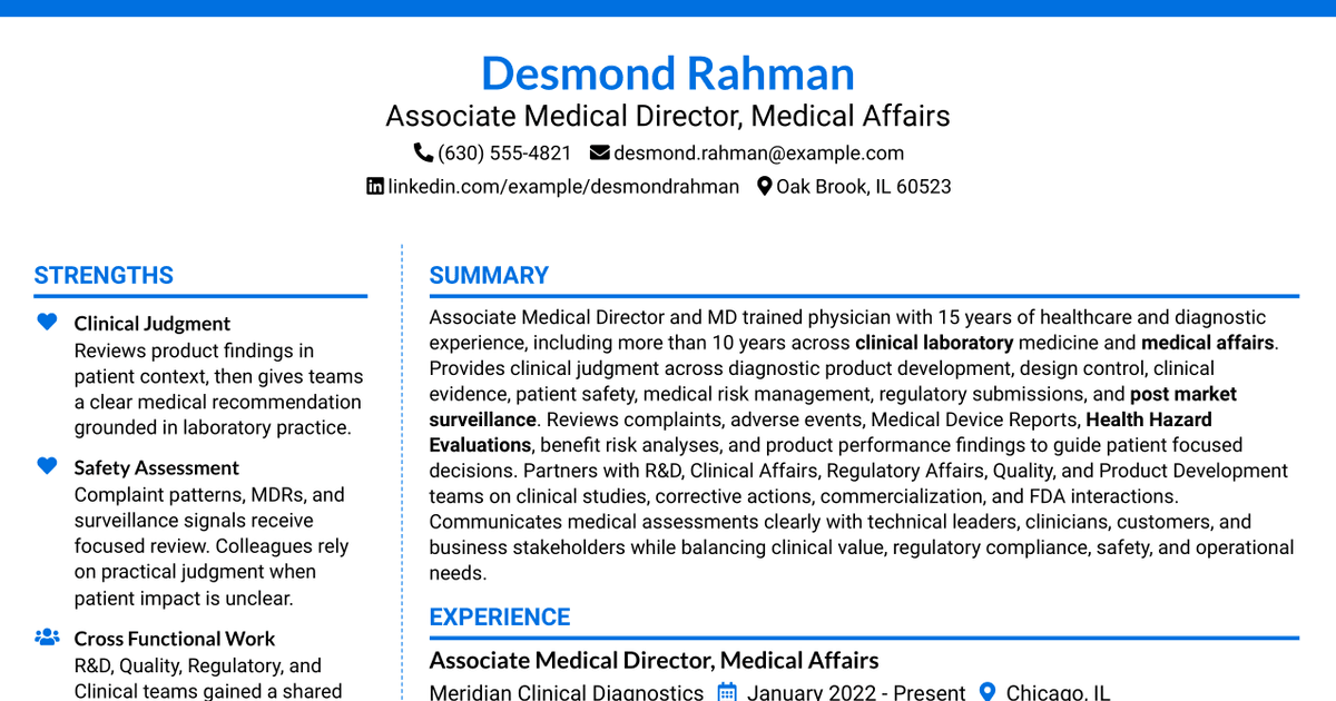 7 Associate Medical Director, Medical Affairs Resume Templates with Example