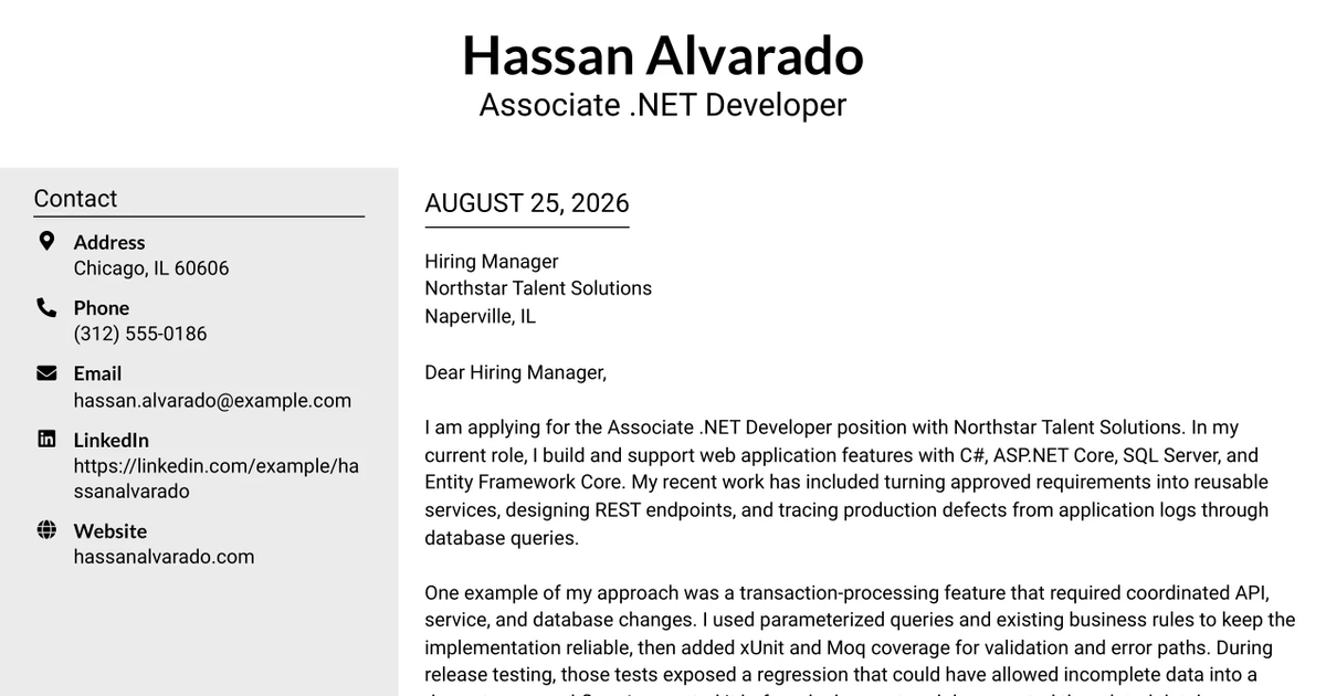 30+ Associate .NET Developer: Craft Web Apps with C#, SQL Cover Letter Templates with Example 2026