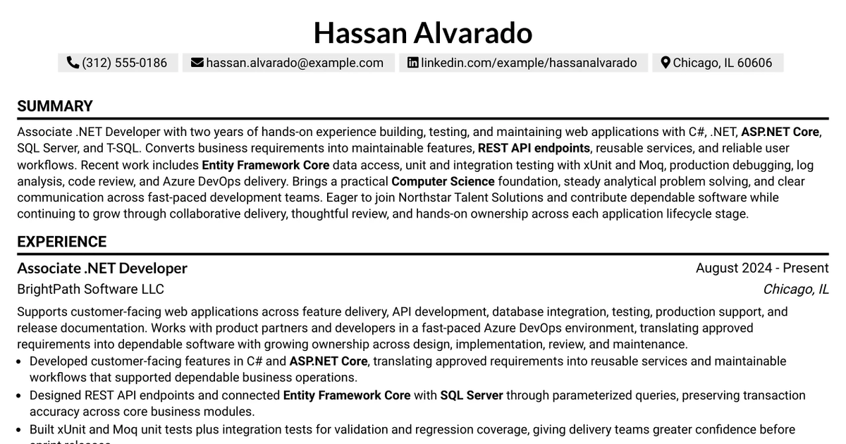 33 Associate .NET Developer: Craft Web Apps with C#, SQL Resume Templates with Example 2026 (ATS-Optimized)