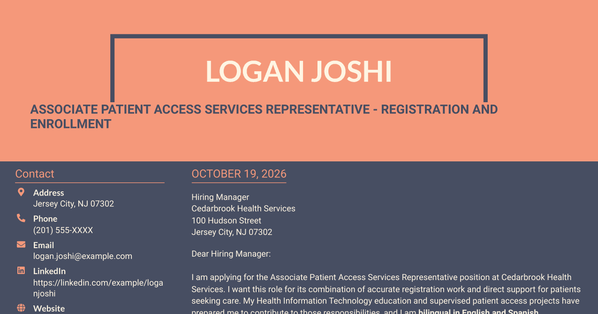 7 Associate Patient Access Services Representative - Registration and Enrollment Cover Letter Templates with Example