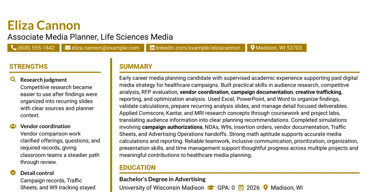33 Associate Planner Media - Life Sciences Media Resume Templates with Example 2026 (ATS-Optimized)