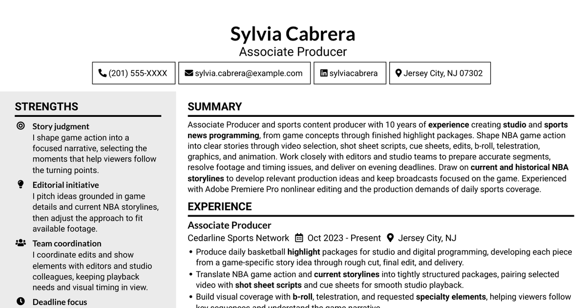 7 Associate Producer - Sports Highlights Resume Templates with Example