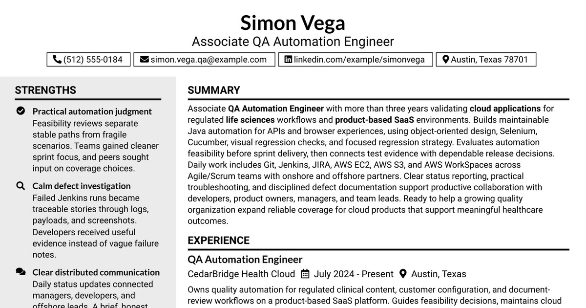 33 Associate QA Automation Engineer Resume Templates with Example 2026 (ATS-Optimized)