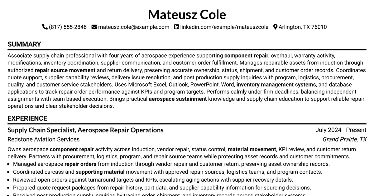 7 Associate Supply Chain Specialist - Repair Management Resume Templates with Example