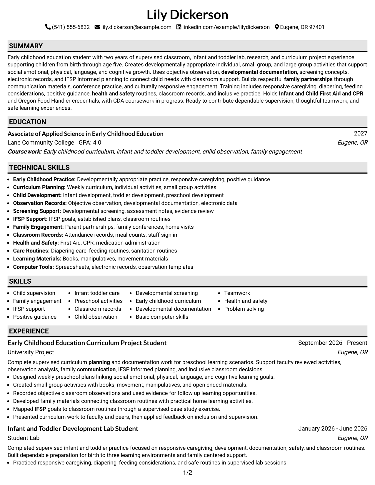 Resume Example Page 1