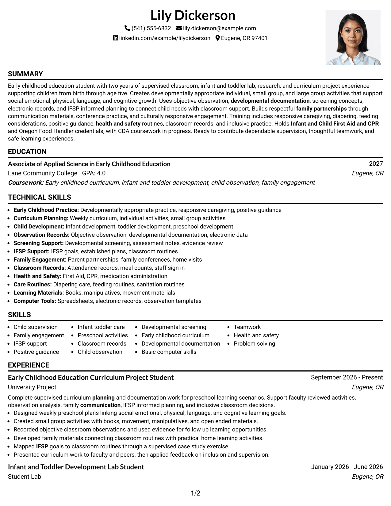 Resume Example Page 1