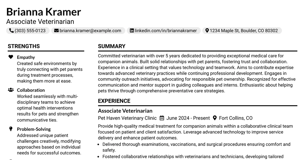 33 Associate Veterinarian Resume Templates with Example 2026 (ATS-Optimized)