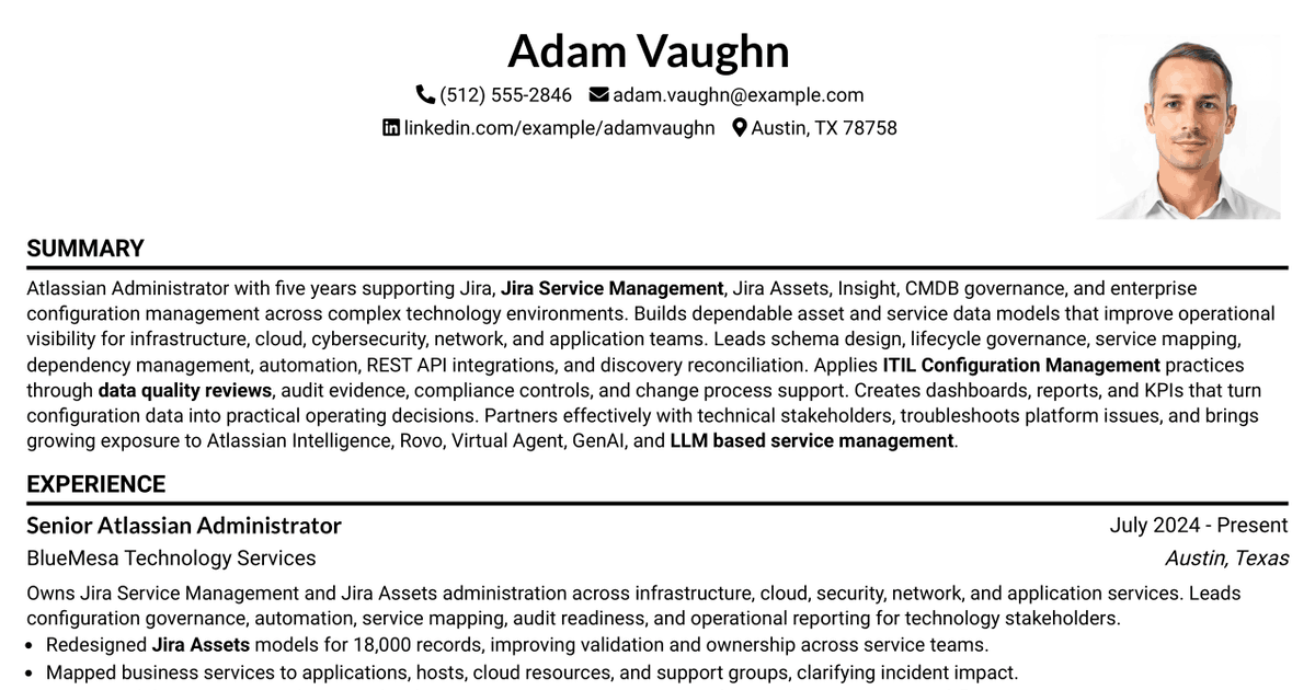 7 Atlassian Administrator (CMDB & Configuration Management) Resume Templates with Example