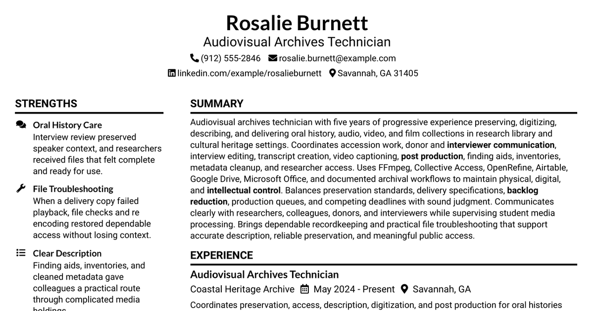 7 Audiovisual and Oral History Technician Resume Templates with Example