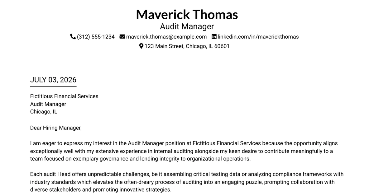 30+ Audit Manager Cover Letter Templates with Example 2026