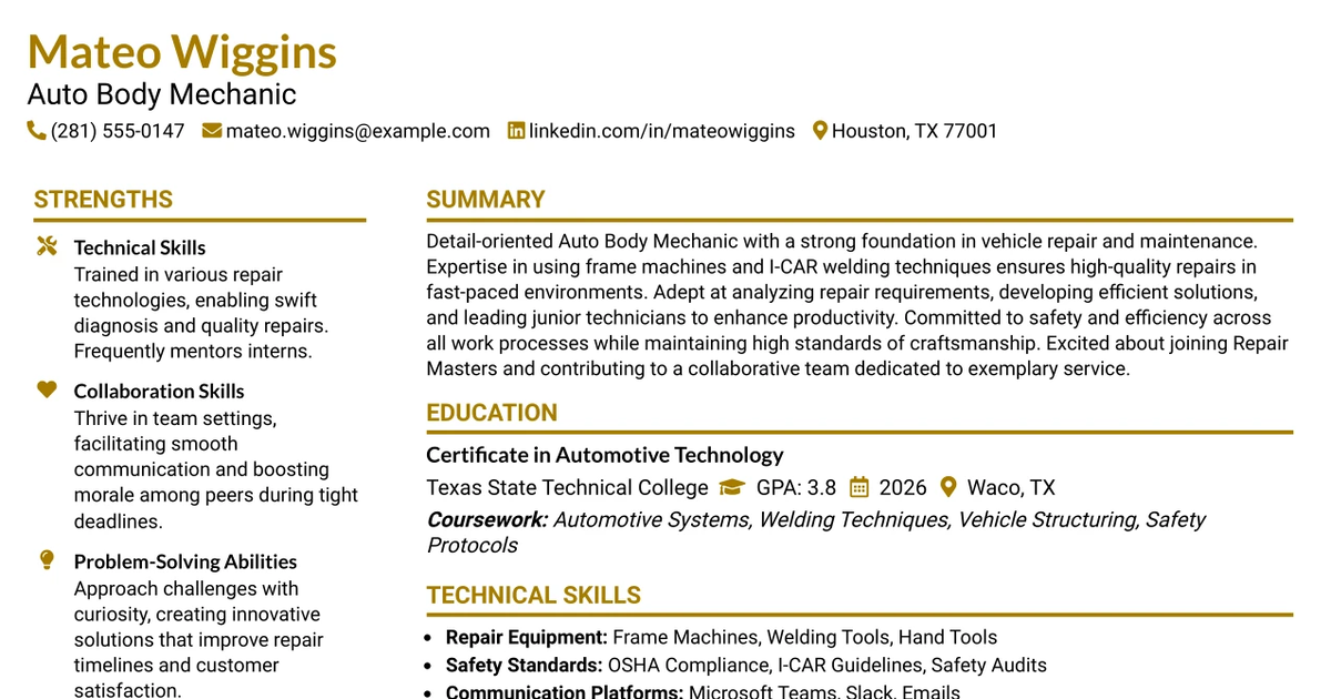 33 Auto Body Mechanic Resume Templates with Example 2026 (ATS-Optimized)