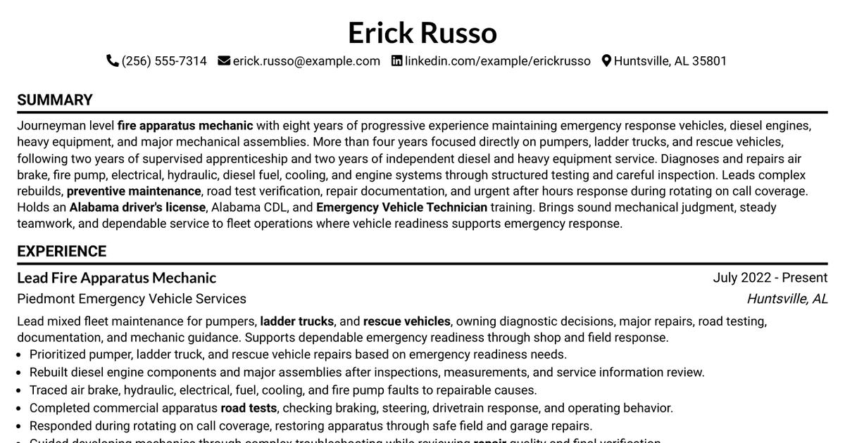 7 Auto Mechanic - Fire Apparatus Resume Templates with Example