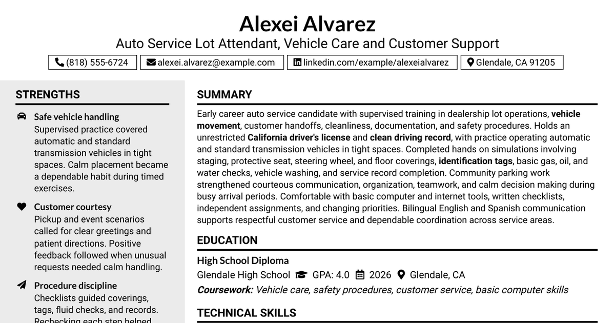 7 Auto Service Lot Attendant-Porter Resume Templates with Example