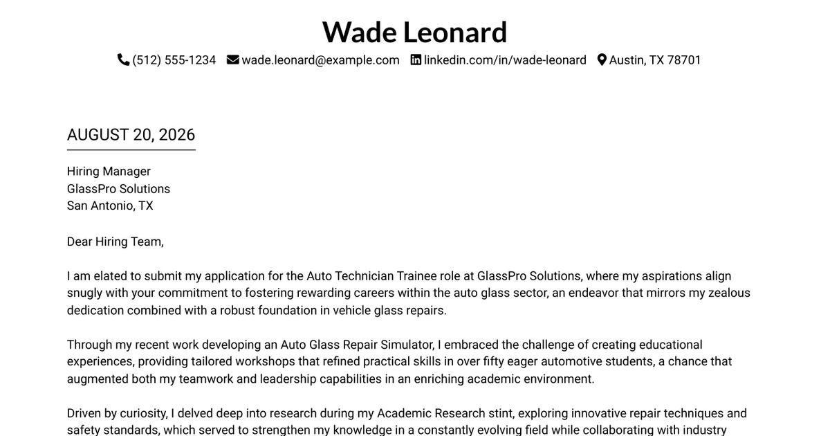 30+ Auto Technician Trainee Cover Letter Templates with Example 2026