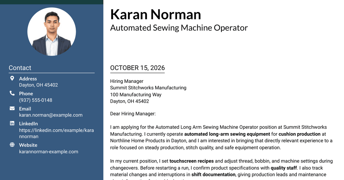 7 Automated Long Arm Sewing Machine Operator Cover Letter Templates with Example