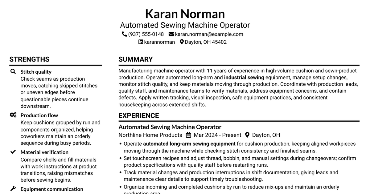 7 Automated Long Arm Sewing Machine Operator Resume Templates with Example