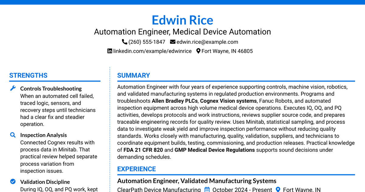 7 Automation Engineer - Medical Device Automation Resume Templates with Example