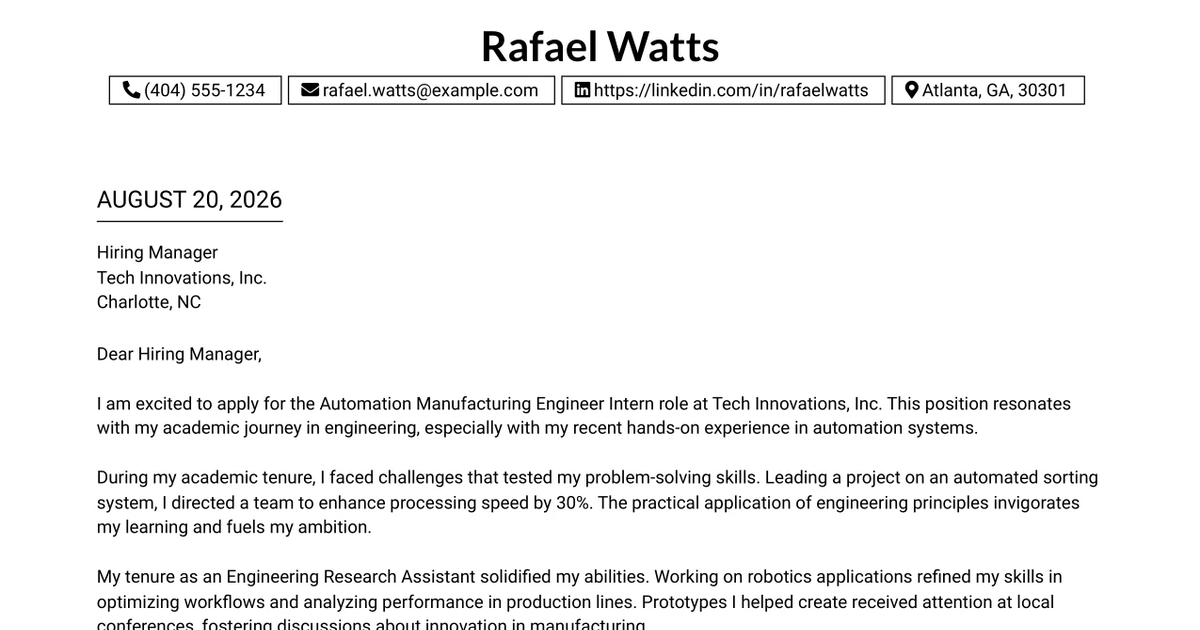 30+ Automation Manufacturing Engineer Intern Cover Letter Templates with Example 2026