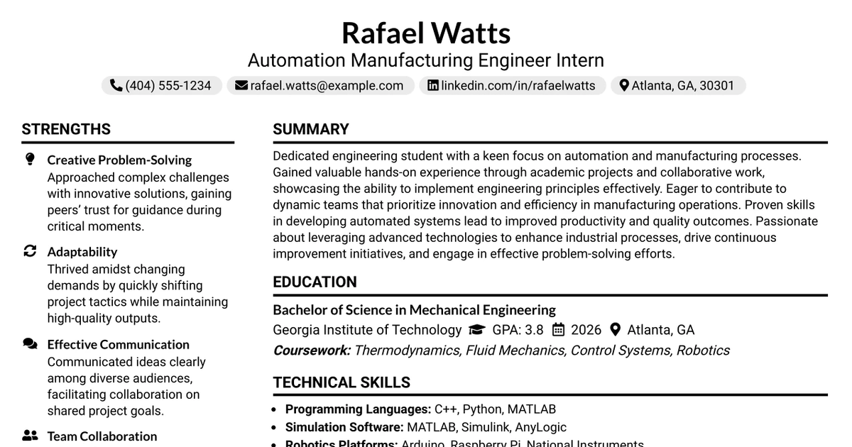 33 Automation Manufacturing Engineer Intern Resume Templates with Example 2026 (ATS-Optimized)