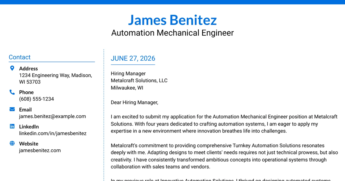 30+ Automation Mechanical Engineer Cover Letter Templates with Example 2026
