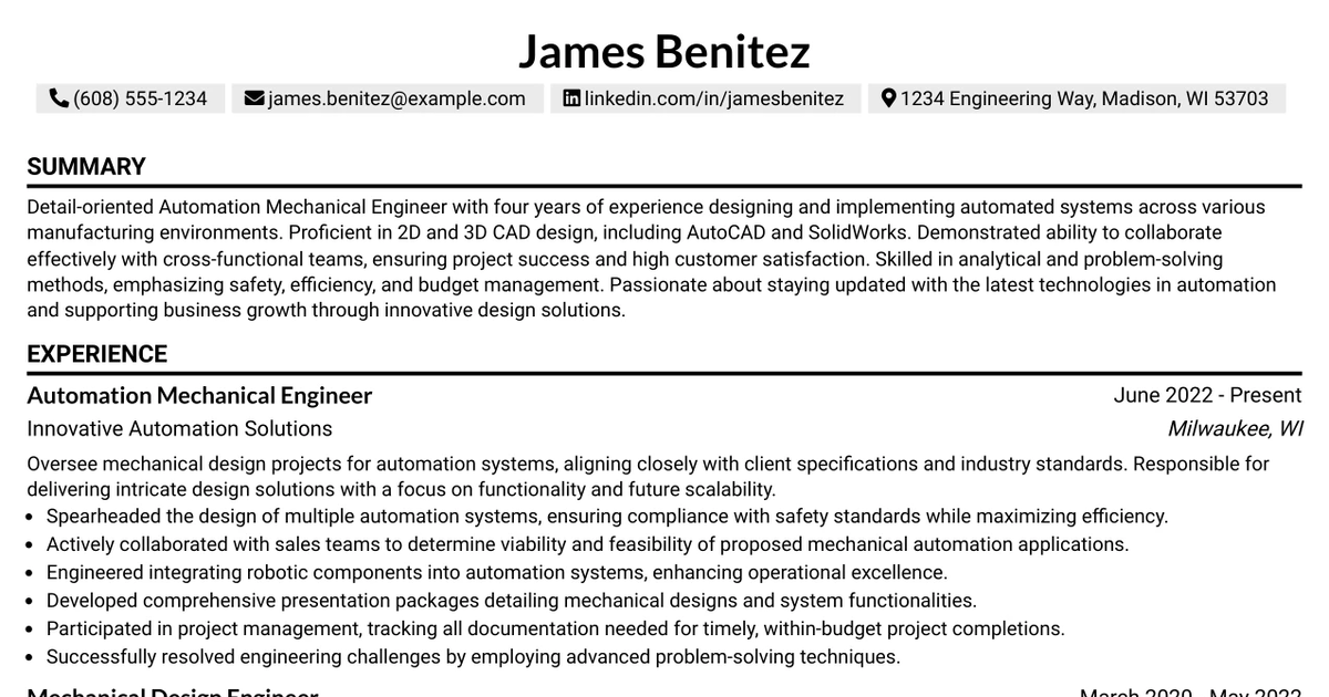 33 Automation Mechanical Engineer Resume Templates with Example 2026 (ATS-Optimized)