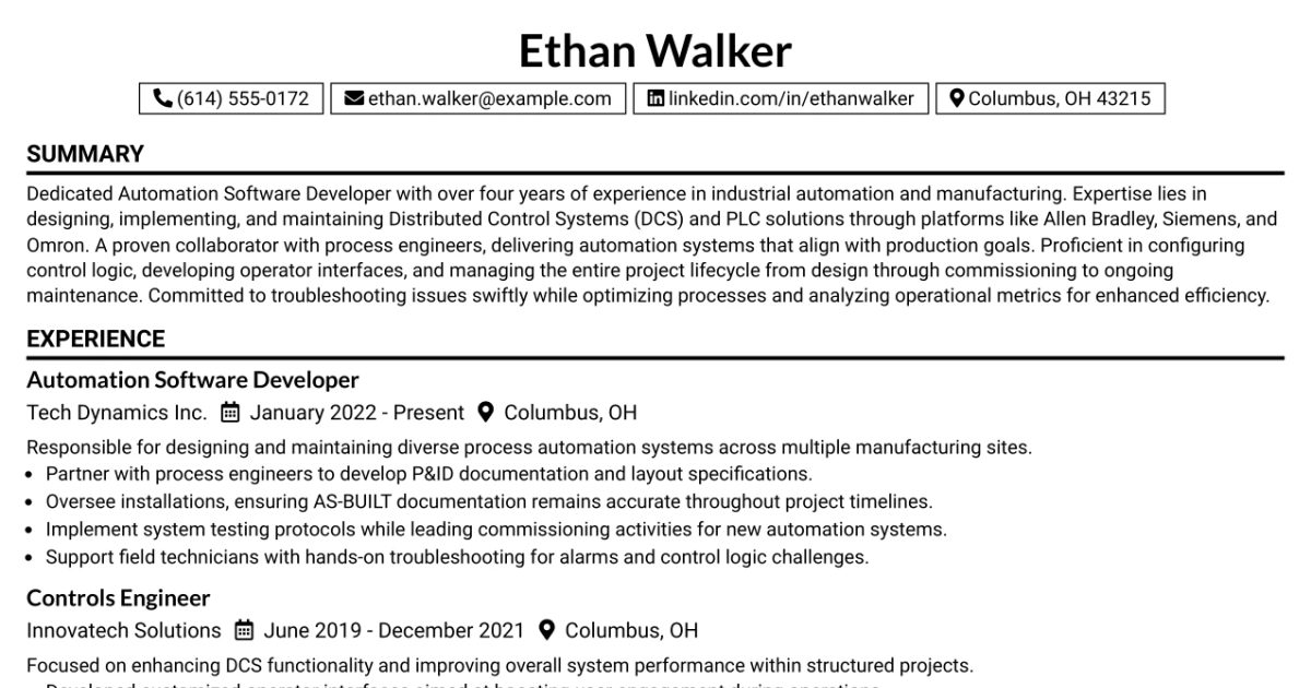 33 Automation Software Developer DCS Manufacturing Resume Templates with Example 2026 (ATS-Optimized)