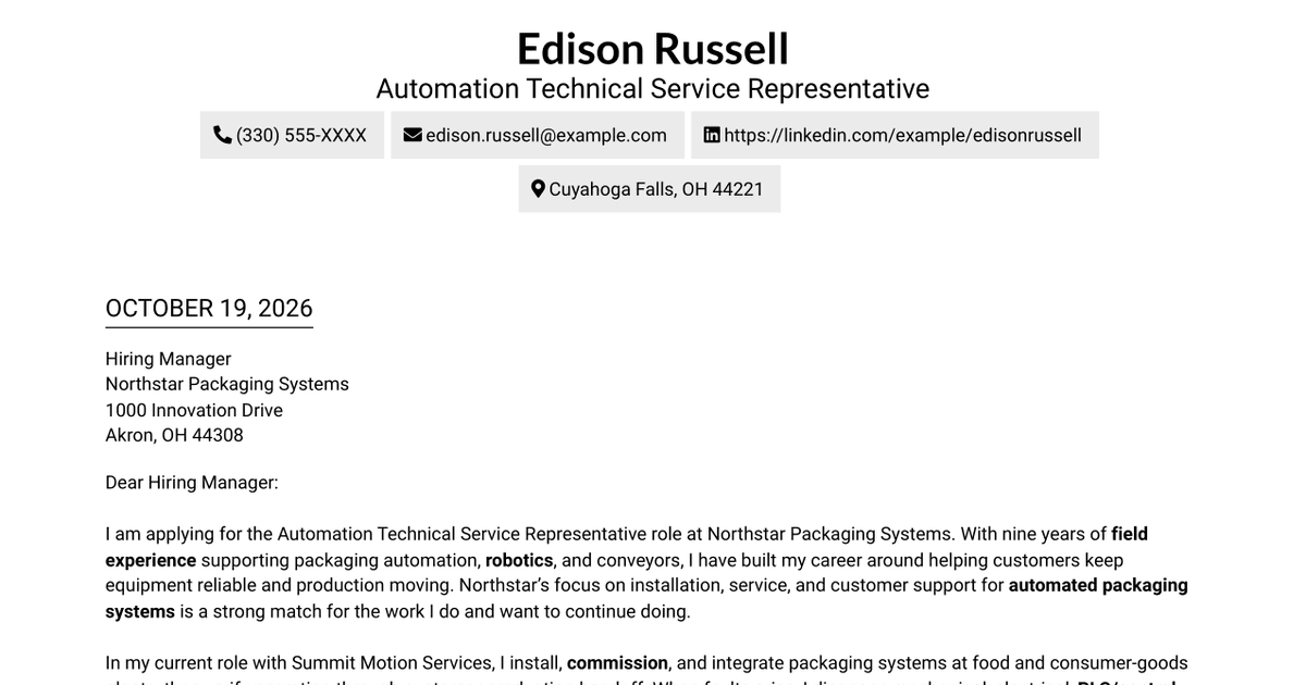 7 Automation Technical Service Representative - Packaging Equipment Cover Letter Templates with Example