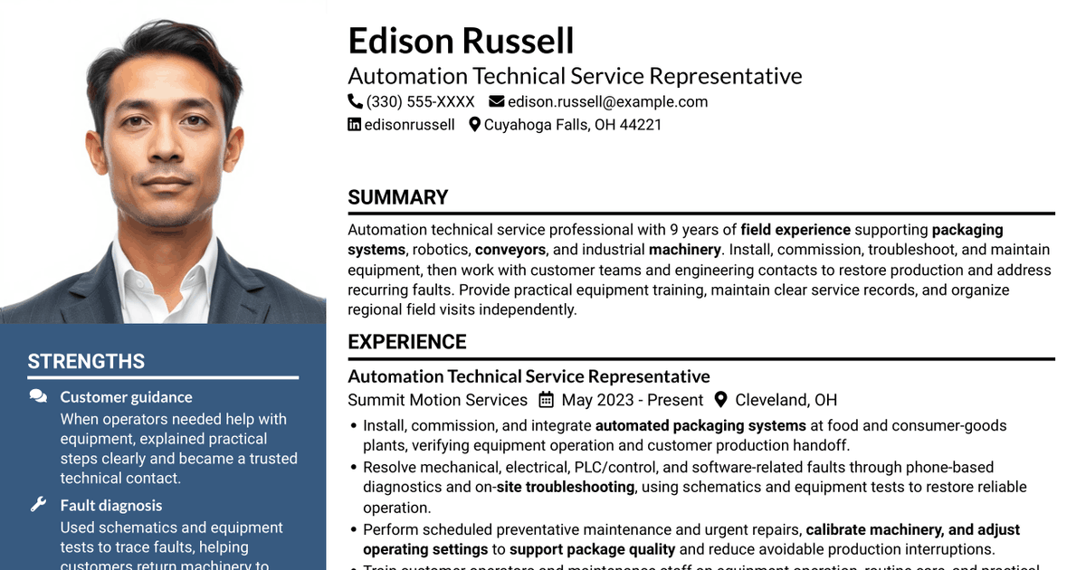 7 Automation Technical Service Representative - Packaging Equipment Resume Templates with Example