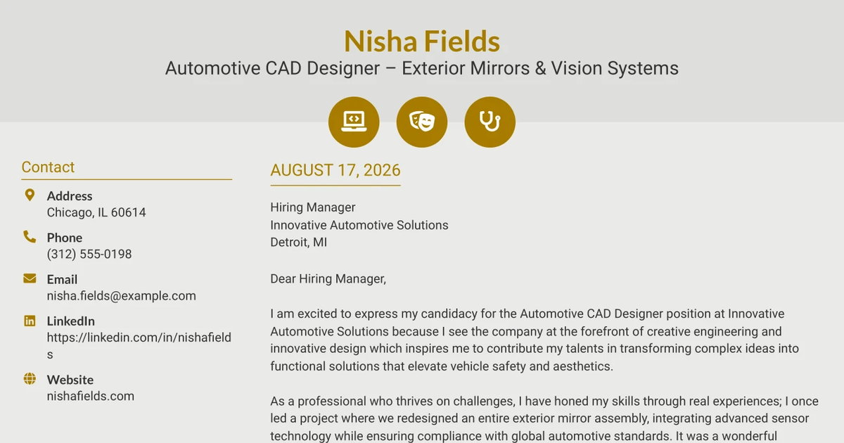 30+ Automotive CAD Designer – Exterior Mirrors & Vision Systems Cover Letter Templates with Example 2026