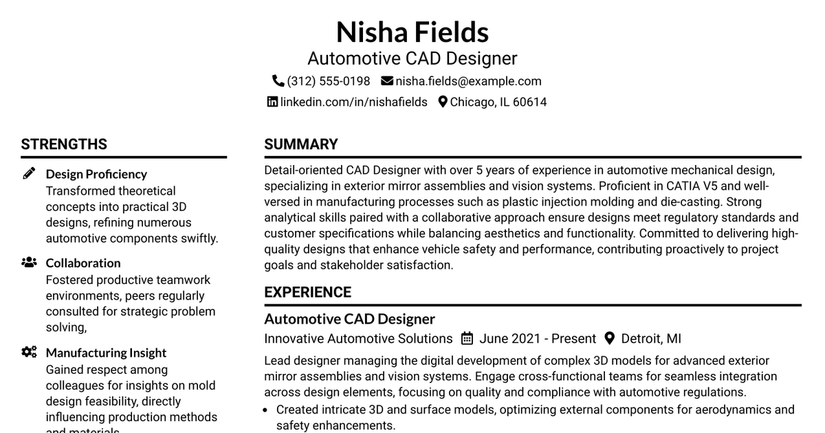 33 Automotive CAD Designer – Exterior Mirrors & Vision Systems Resume Templates with Example 2026 (ATS-Optimized)