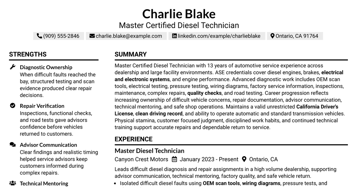 7 Automotive Diesel Technician Resume Templates with Example