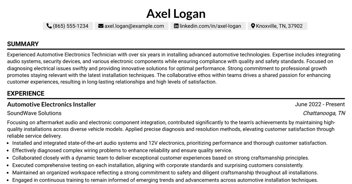 33 Automotive Electronics Installer Resume Templates with Example 2026 (ATS-Optimized)